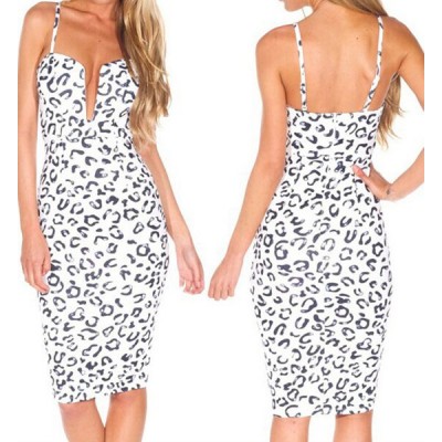 Alluring Spaghetti Strap Sleeveless Low Cut Leopard Print Dress For Women white