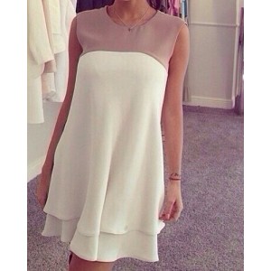 Color Block Sleeveless Sweet Jewel Neck Women's Dress white