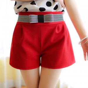 Elegant Women's Bowknot Embellished Solid Color High-Waisted Shorts red