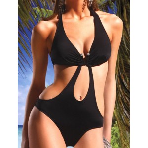 Halter Neck Hollow Out Black Sexy One-Piece Swimsuit For Women black