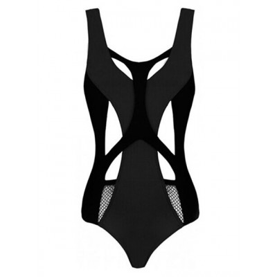Hot Women's V-Neck Openwork One-Piece Swimsuit black