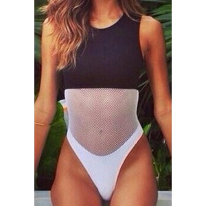 Jewel Neck Sleeveless Voile Splicing Color Block Sexy One-Piece Swimsuit For Women white