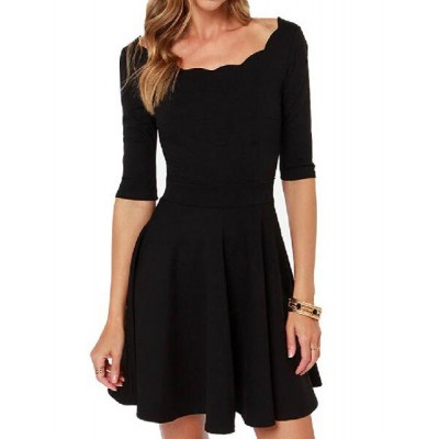 Ladylike Scoop Neck 3/4 Sleeve Solid Color Dress For Women black