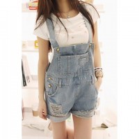 Loose Fit Destroyed Denim Cheap Jeans Overalls Shorts For Women blue