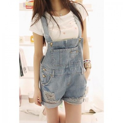 Loose Fit Destroyed Denim Cheap Jeans Overalls Shorts For Women blue