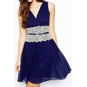 Retro Style Plunging Neck Sleeveless Spliced Lace Embellished Slimming Dress For Women blue