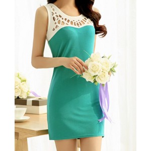 Scoop Neck Sleeveless Hollow Out Color Splicing Stylish Dress For Women blue