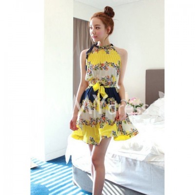 Sexy Halter Neck Tiny Floral Print Pleated Dress for Women yellow