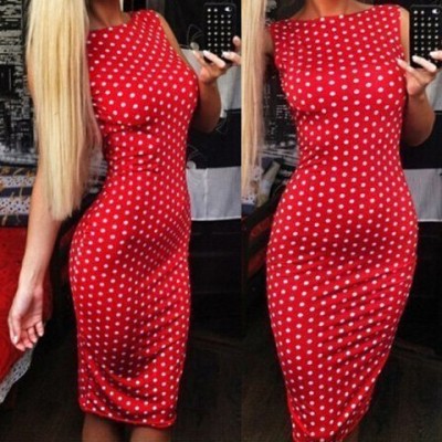 Sexy Jewel Neck Sleeveless Polka Dot Slimming Dress For Women red
