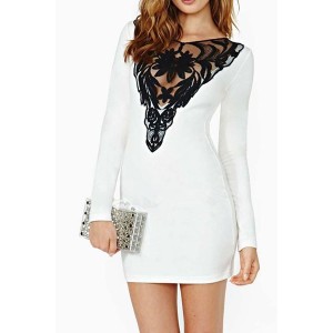 Sexy Long Sleeve Round Collar Spliced See-Through Dress For Women white