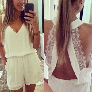 Sexy Plunging Neck Sleeveless Solid Color Laciness Romper For Women white