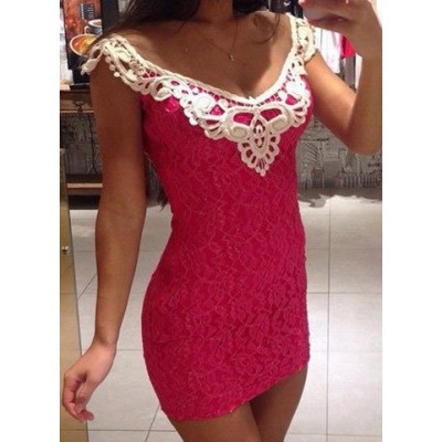 Sexy Scoop Collar Sleeveless Spliced Bodycon Lace Dress For Women pink
