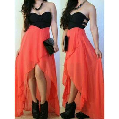 Sexy Strapless Sleeveless Color Block Hollow Out Asymmetrical Dress For Women orange