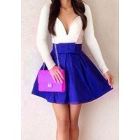 Sexy Women's Plunging Neckline Color Block Long Sleeve Dress white blue