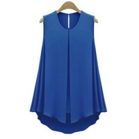 Solid Color Casual Scoop Neck Front Slit Sleeveless Blouse For Women blue apricot