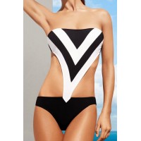 Strapless Color Splicing Hollow Out Sexy One-Piece Swimsuit For Women black white