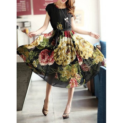 Stylish Flower Print Scoop Neck High Waist Short Sleeve Chiffon Dress For Women black
