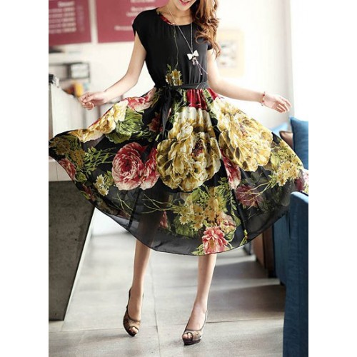 Stylish Flower Print Scoop Neck High Waist Short Sleeve Chiffon Dress ...