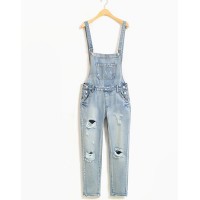 Stylish Mid-Waisted Slimming Hole Design Denim Overalls For Women blue gray