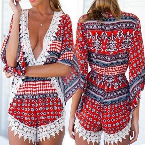 Stylish Plunging Neck 3/4 Sleeve Printed Lace Embellished Romper For Women blue gray red