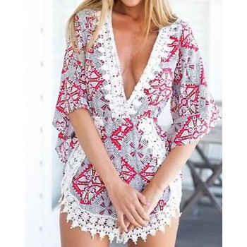 Stylish Plunging Neck 3/4 Sleeve Printed Lace Embellished Romper For Women blue gray red