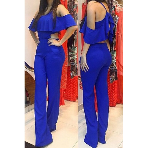 Stylish Spaghetti Strap Sleeveless Flounced Solid Color Jumpsuit For ...