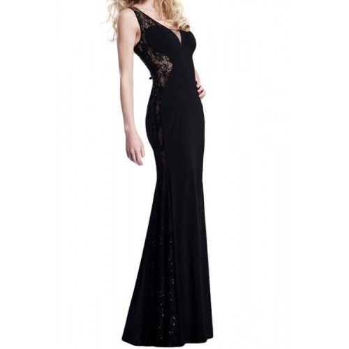 Stylish Women s V-Neck Lace Splicing Sleeveless Dress black (Stylish ...