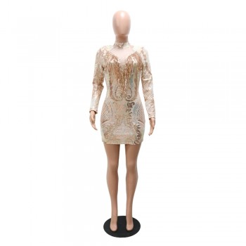 Women's Glitter Short Dress with Sequin Fringe and Mesh