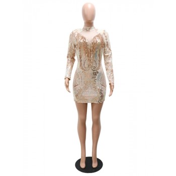 Women's Glitter Short Dress with Sequin Fringe and Mesh