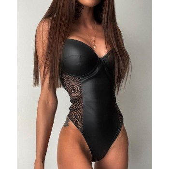  PU Leather Plunge Sleeveless Bodysuit Femme Sexy Solid V-Neck Black Stripped 