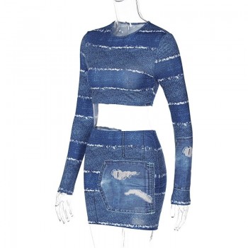  O Neck Full Sleeve Crop Top and Mini Skirt Matching Set Blue