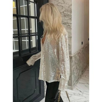 Long Sleeve Button-Up Shirt for Women's Club Party Sequins Blouse Silver