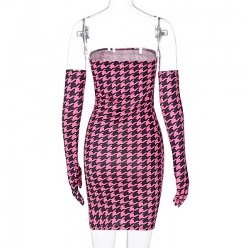 Long Sleeve Plaid Print With Gloves Sexy Tube Mini Dress Autumn Winter Women Pink