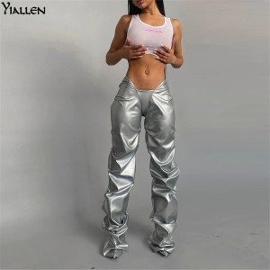 PU Leather Folds Shiny Pants Women Hipster High Street Irregular Shape Clothing Low Waist