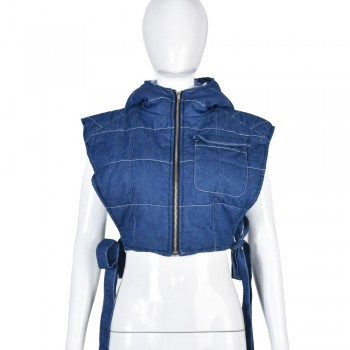 Women's Winter Denim Sleeveless Vest with Side Lace-Up and Zipper Hoodie