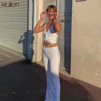 KLALIEN Fashion Sexy Camisole and Trousers 2 Piece Set Summer Casual Simple Slim Street Office Lady Solid Two Piece Set Women