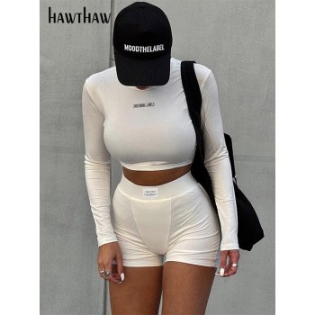 Stylish Long Sleeve Crop Top and Shorts Two Piece Tracksuit Set for Women