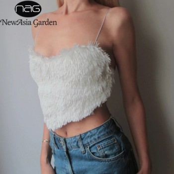 Fluffy Tank Top Women Sexy Backless Tie up Spaghetti Straps V Neck Crop Top Lady Casual Bustier Fashion Club Party Wear