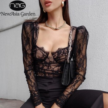  Lace Blouse Women V Neck Patchwork Slim Fit Cut out See Through Long Sleeve Crop Top Spring Fashion Black Sexy Shirt