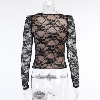  Lace Blouse Women V Neck Patchwork Slim Fit Cut out See Through Long Sleeve Crop Top Spring Fashion Black Sexy Shirt