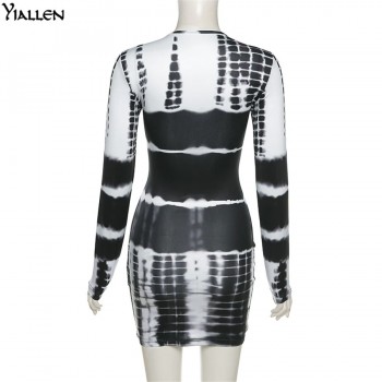 Slim Printed Dress for Women O-Neck Long Sleeve Black