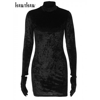 Women's Long Sleeve Velvet Bodycon Mini Dress Black