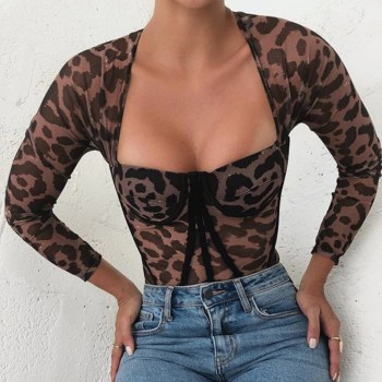 Mesh Body Bodysuit Leopard Women Breathable Black Long Sleeve Sexy Buttons Hollow Out
