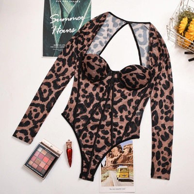  Mesh Body Bodysuit Leopard Women Breathable Black Long Sleeve Sexy Buttons Hollow Out