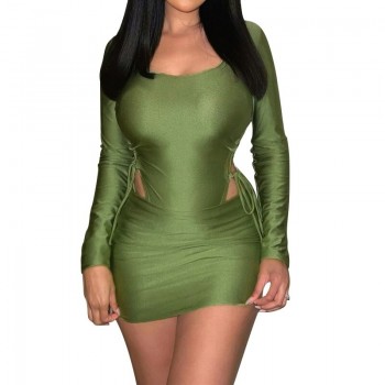 Green Bandage Dress with Square Neckline and Hollow Out Long Sleeve