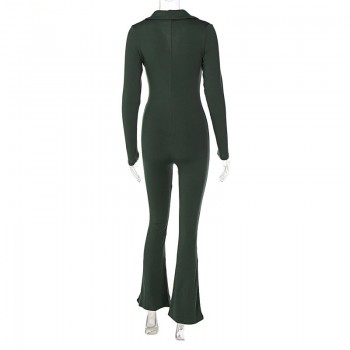 Women's Stretch Jumpsuit Pure Color Polo Neck Flare Leggings Black Green Khaki