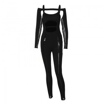  Patchwork Mesh Jumpsuit with Backless Design Black