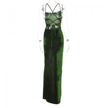 Elegant Fall Velvet Maxi Dress with Swinging Collar and Backless Green