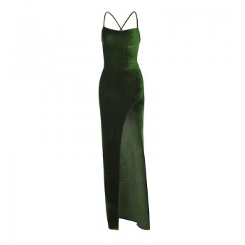 Elegant Fall Velvet Maxi Dress with Swinging Collar and Backless Green