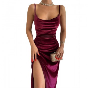 Velvet Maxi Dress with Swing Collar and Sexy Slit